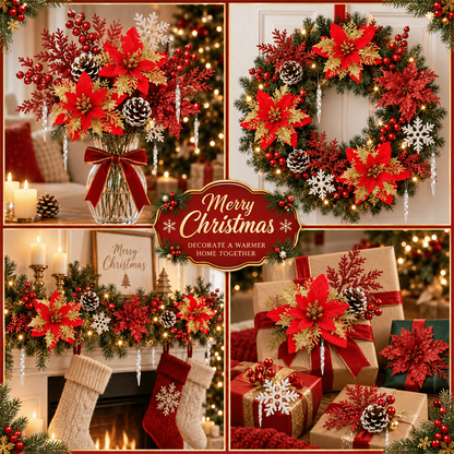 PUCACHI 92Pcs Christmas Tree Decorations Set with Poinsettia Christmas Flowers, Glitter Berry Stems, Snowflakes, Pine Cones and Icicle Drop Crystal Ornaments, Red