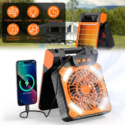 10400mAh Solar Camping Fan with Light,Camping Fan with Solar Panel,3 Timer Settings & 4 Speeds USB Rechargeable Solar Powered Fan for Camping Fishing Travel Hurricane Power Outage（Orange）