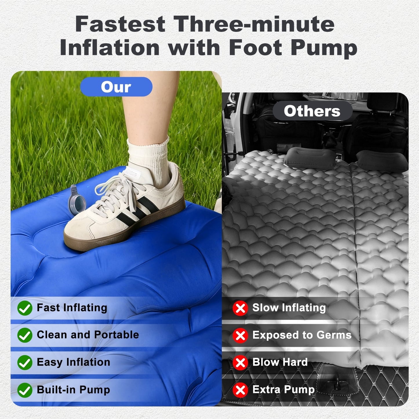Double Camping Sleeping Pad, 6" Extra-Thick Reinforced Camping Sleeping Pad with Pillows & Built-in Foot Pump, Ultralight Self Inflating Air Mattress Mat for Tent Hiking Essentials Gear