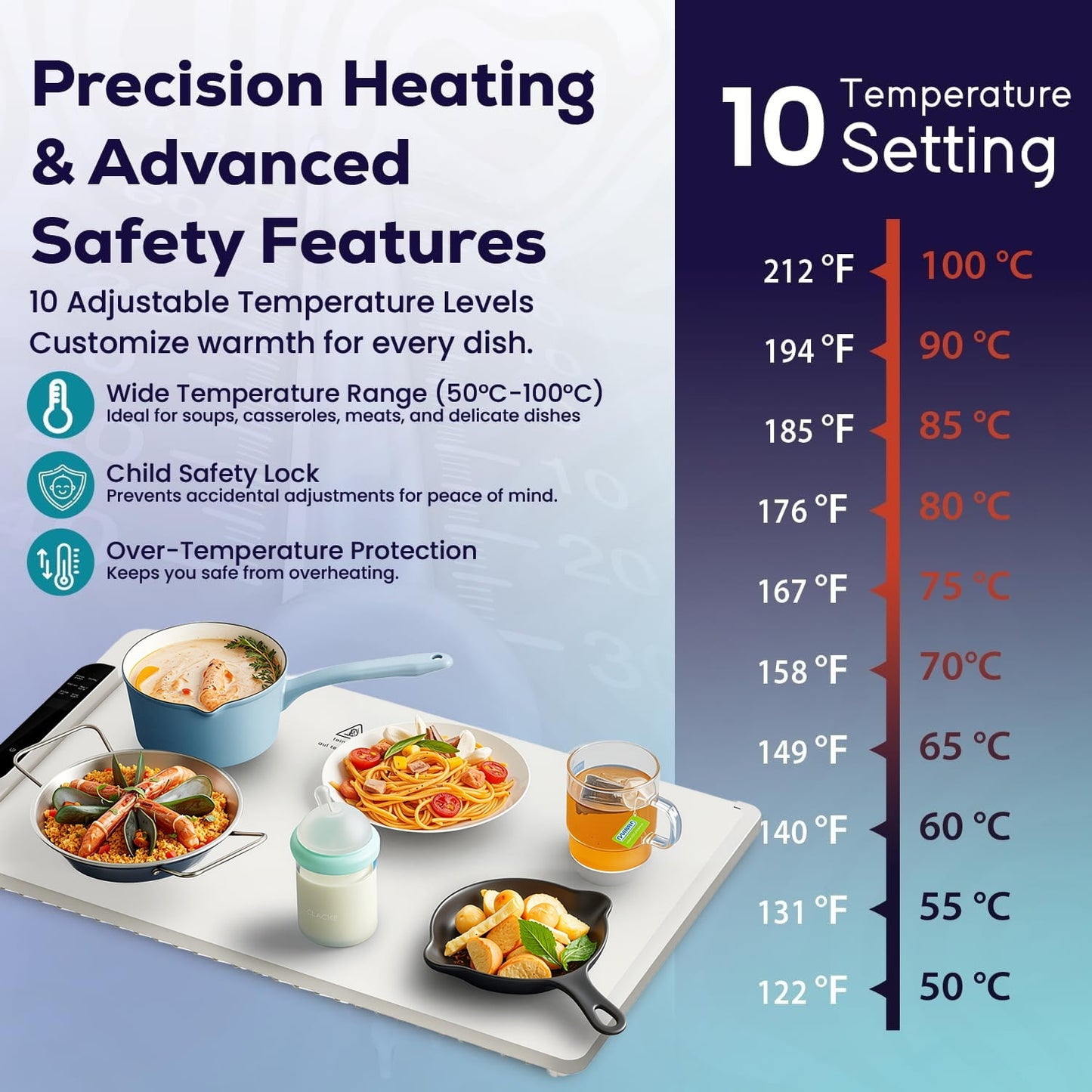 Food Warming Mat - Fast Heating Silicone Electric Warming Tray with 10 Level Temperature, Raised Feet Protects Table, Roll Up Buffet Hot Plates Heat Pad, Portable Food Warmer for Parties Home Travel