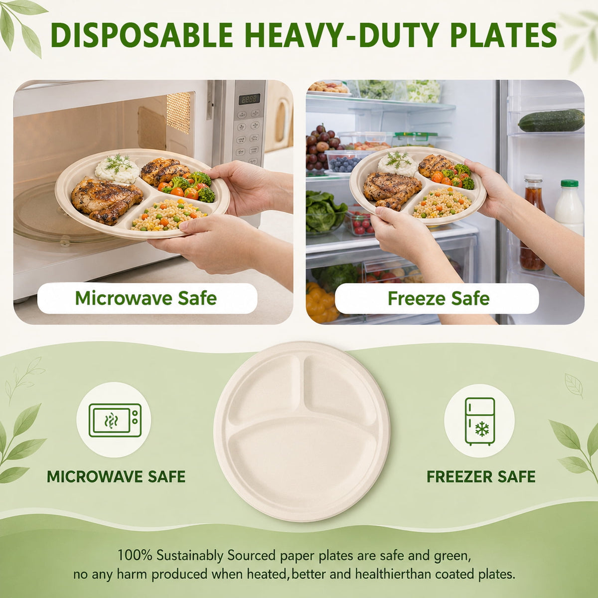 PUCACHI 3 Compartment Paper Plates, 10 in 100 Pack Heavy Duty Disposable Sugarcane Bagasse Plates, Microwave Safe for BBQ, Picnic, Party and Catering