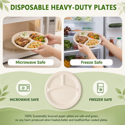 PUCACHI 3 Compartment Paper Plates, 10 in 100 Pack Heavy Duty Disposable Sugarcane Bagasse Plates, Microwave Safe for BBQ, Picnic, Party and Catering
