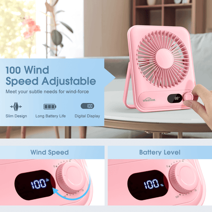 Desk Fan Battery Operated, Portable USB Rechargeable Fan, 5000 mAh 180° Quiet Personal Fan With Power Display, 100 Speeds Adjustable Table Fan for Desktop, Home, Travel
