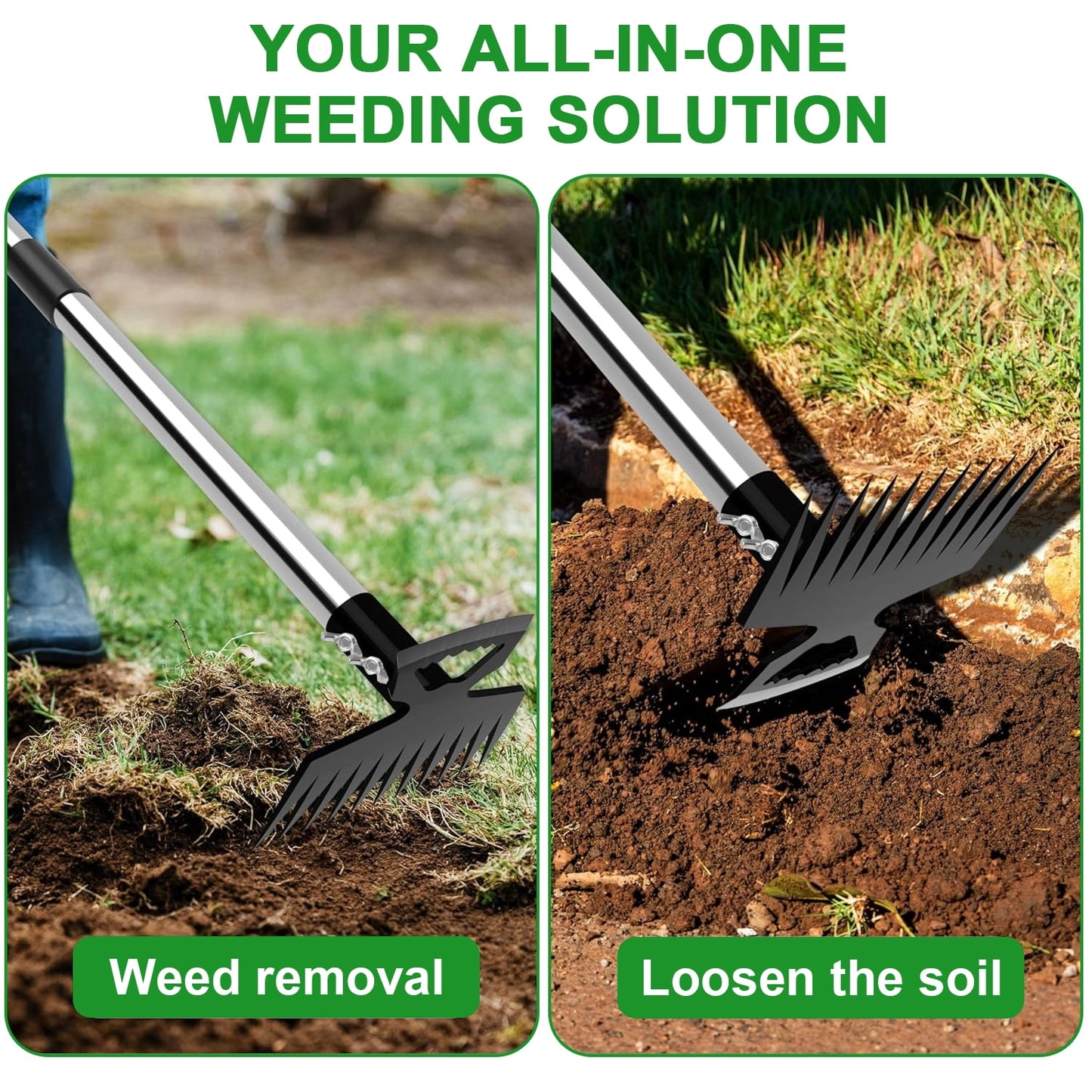 Merryhome 60″ Long‑Handle Weed Puller Tool – 11‑Teeth Steel Head Garden Weeding Tool & Lawn Dandelion Remover for Yard, Patio, Outdoor Use
