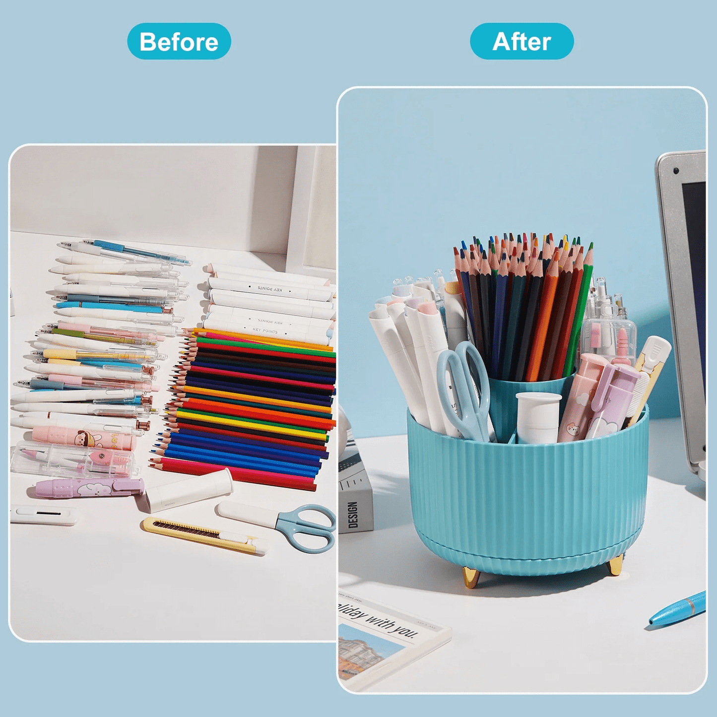 Desk Organizer,360 Rotating Plastic Desk Pen Organizer with 5 Slots,Dual-Purpose Art Supply Pencil Cup for Office,Home（Blue）