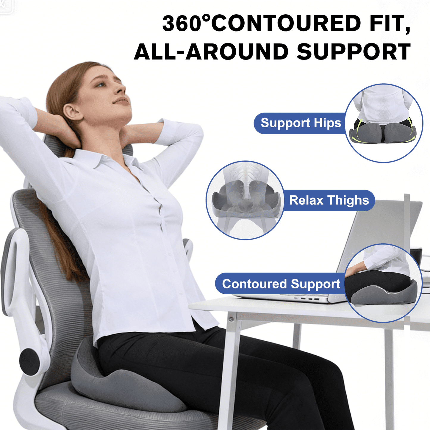 Henotian Memory Foam Seat Cushion for Office Chair, Extra-Thick Ergonomic Chair Cushion for Tailbone, Sciatica & Back Pain Relief, Non-Slip Car Seat Pillow Gray