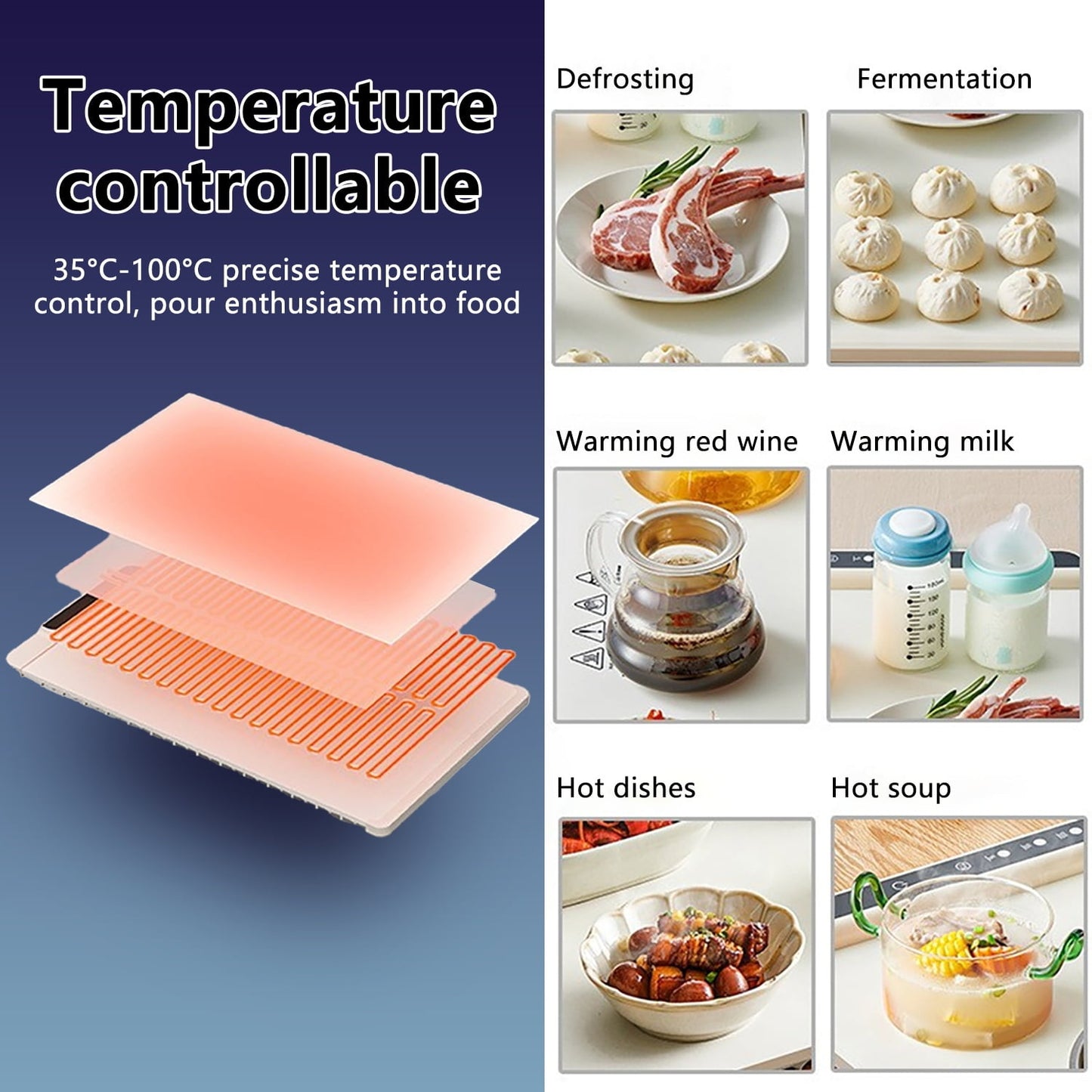 Food Warming Mat - Fast Heating Silicone Electric Warming Tray with 10 Level Temperature, Raised Feet Protects Table, Roll Up Buffet Hot Plates Heat Pad, Portable Food Warmer for Parties Home Travel