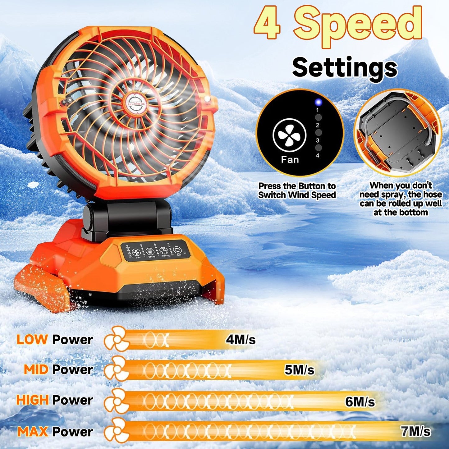 Portable Misting Fan - 30000mAh Battery Powered, 4-Speed Cooling Fan with Adjustable Spray, 120° Oscillation for Camping, Patio, Adjustable Base for 10-13in Water Tank(No Bucket Included)
