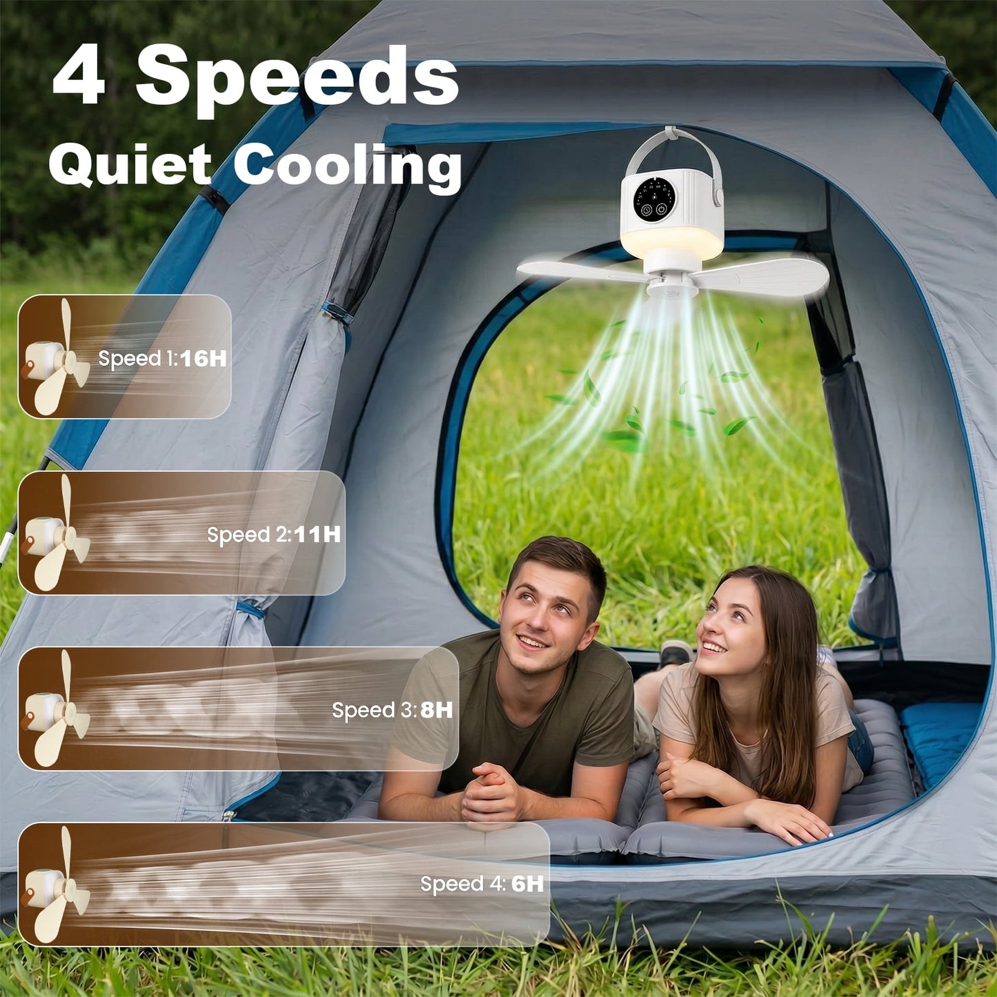 Merryhome Camping Fan with Light, 7200mAh Rechargeable Tent Fan with Remote, 4 Speeds, Timer and LED Lantern for Camping, Travel and Emergency, White