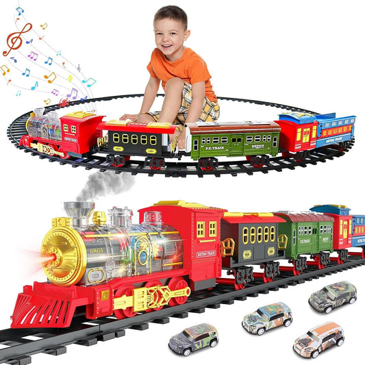 Teblint Christmas Train Set Toys, Electric Train Toys with Smoke, Lights, Sounds, Rechargeable Toy Train Steam Locomotive with Cargo Cars & Tracks Christmas Birthday Toy Train Gifts for Kids Age 3-8