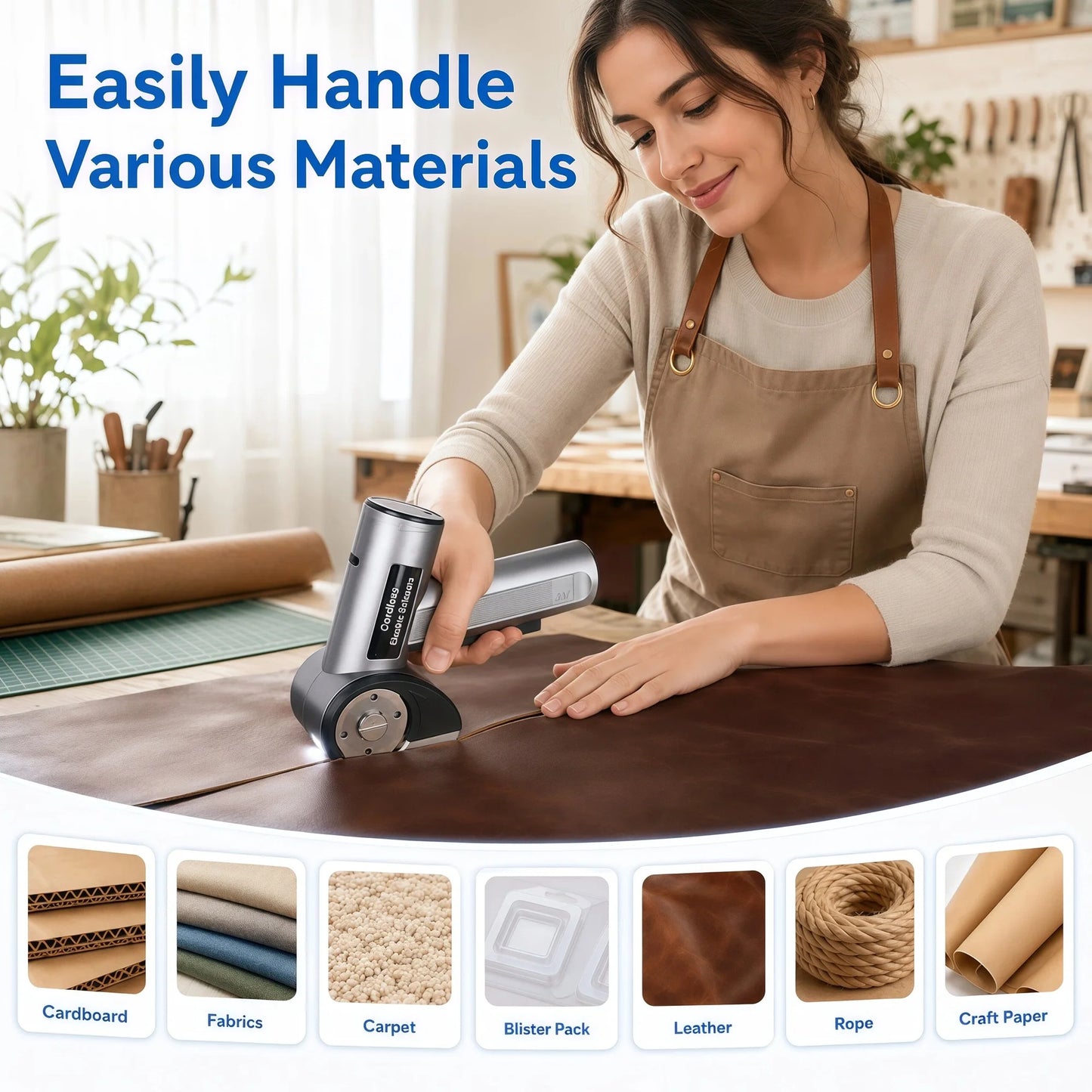 Teblint Cordless Electric Scissors, 5-Speed Adjustable LED Display, Rechargeable Cardboard Cutter Tool with 2 Blades, Rotary Cutter for Box Carpet Leather Fabric