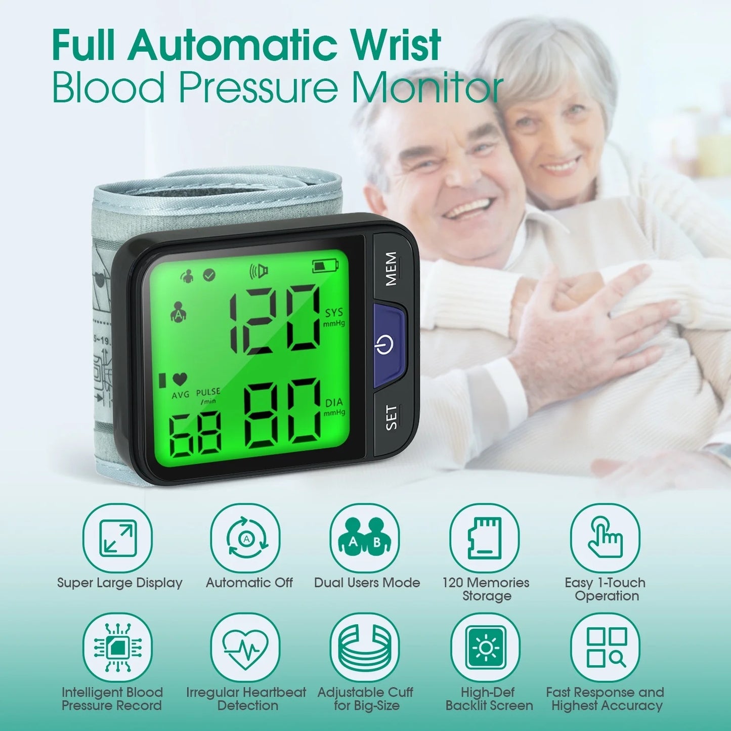 Kidsjoy Blood Pressure Monitor, Professional Wireless Automatic Wrist Blood Pressure Cuffs Health Monitors, Portable BP Heart Rate Monitor with LCD Backlit Display, for Home Travel Use