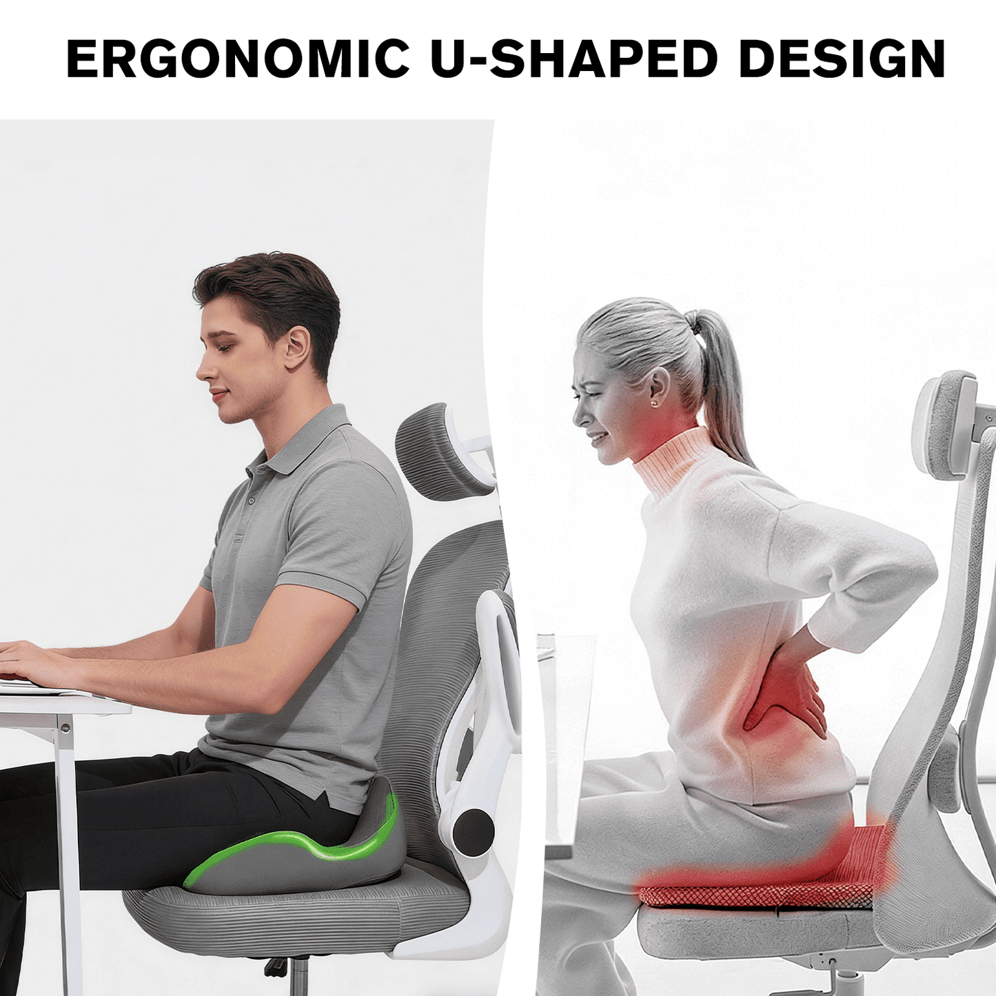 Henotian Memory Foam Seat Cushion for Office Chair, Extra-Thick Ergonomic Chair Cushion for Tailbone, Sciatica & Back Pain Relief, Non-Slip Car Seat Pillow Gray