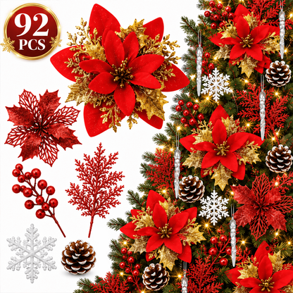 PUCACHI 92Pcs Christmas Tree Decorations Set with Poinsettia Christmas Flowers, Glitter Berry Stems, Snowflakes, Pine Cones and Icicle Drop Crystal Ornaments, Red