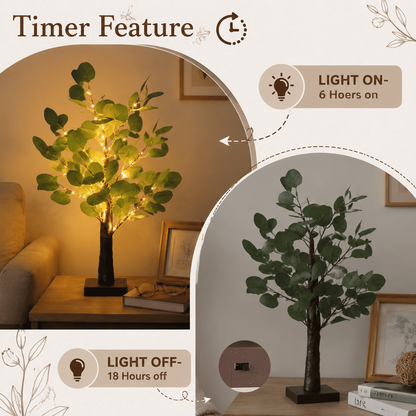 PUCACHI 2FT Lighted Faux Eucalyptus Tree, 35 Warm White LED Lights, Flexible Branches, 4H/6H/8H Timer, USB or Battery Powered for Tabletop Home Decor