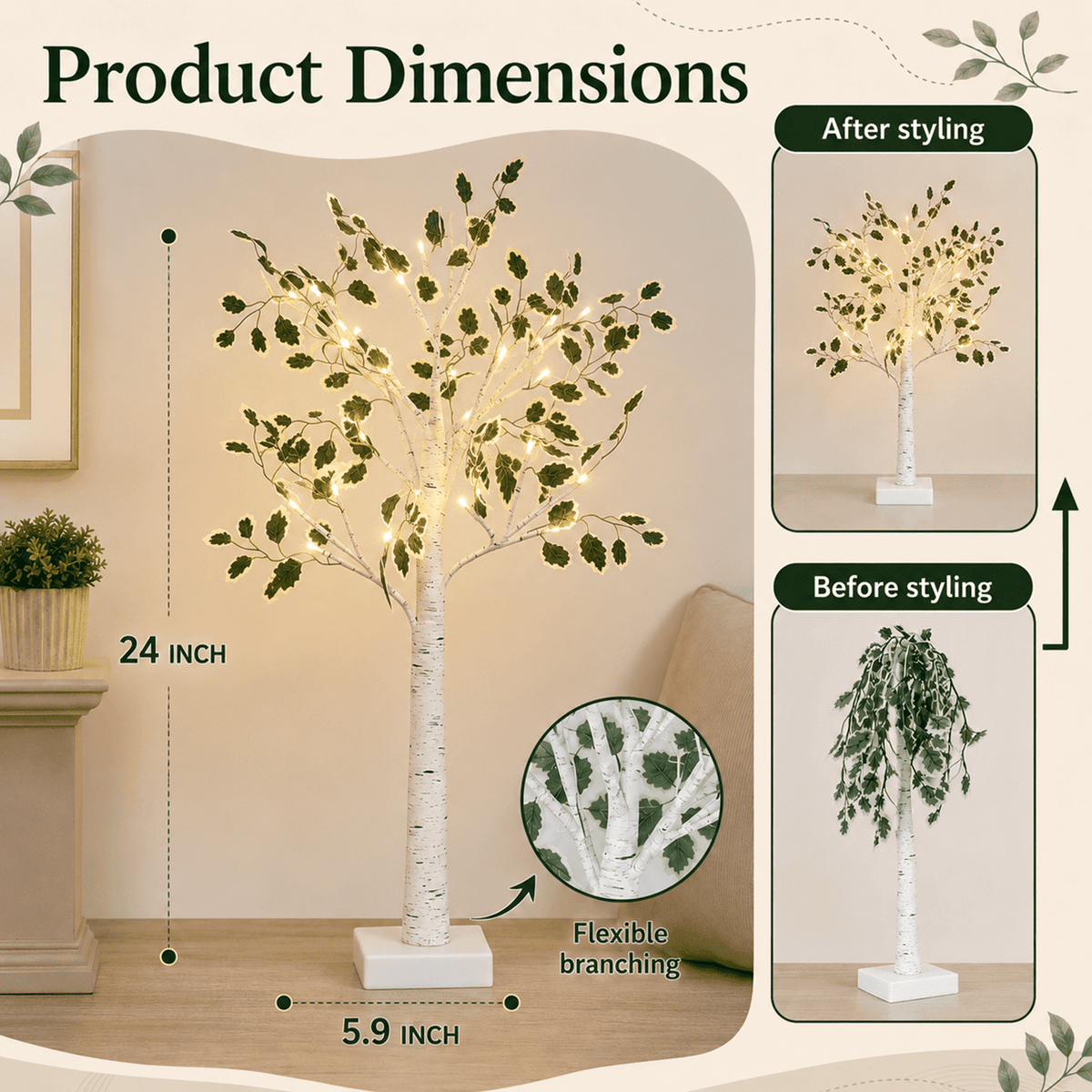 PUCACHI 2FT Birch Tree with LED Lights, Faux Tabletop Christmas Decor with 24 Warm White LEDs, Timer USB or Battery Powered, Bendable Branches for Indoor Tabletop Christmas Decor