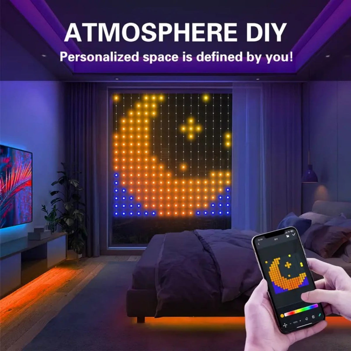 Merryhome Rgb Curtain Light 5.24x5.24ft, 256 Led Smart String Lights, Usb Powered, App & Remote Controlled, Wall Decor for Bedroom, Outdoor Holiday Christmas Gift