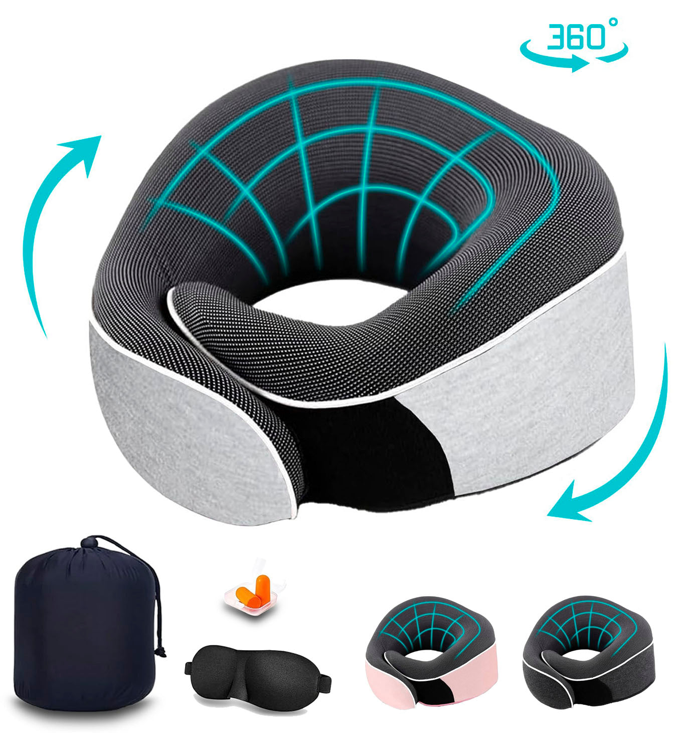Merryhome Travel Pillow, Memory Foam Travel Neck Pillow, Adjustable 360° Ergonomic Support Function for Travel with Pillow, Mask, Earplugs, Storage Bag