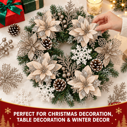 PUCACHI 92Pcs Christmas Tree Decorations Set with Poinsettia Christmas Flowers, Glitter Berry Stems, Snowflakes, Pine Cones and Icicle Drop Crystal Ornaments, Champagne