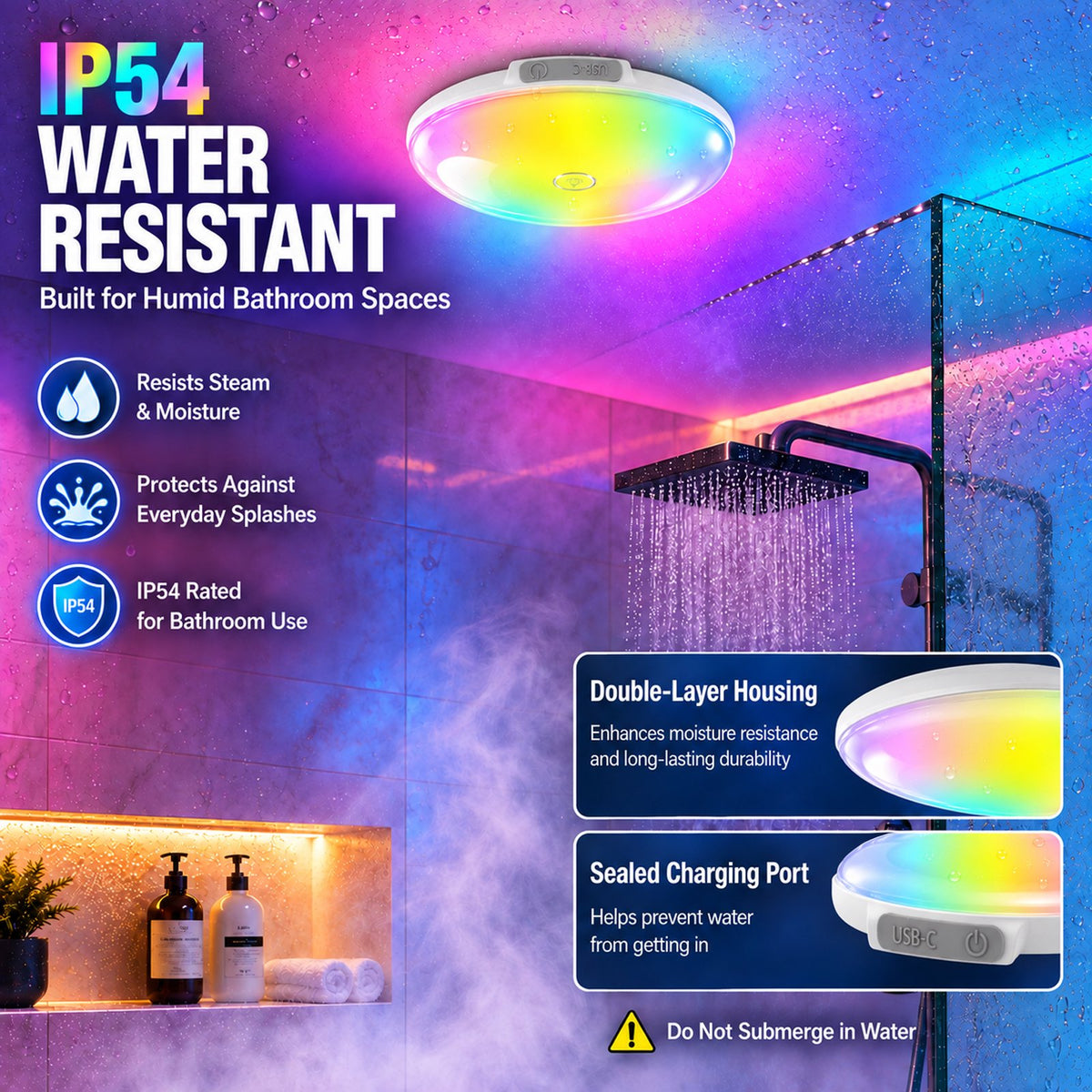Henotian Rechargeable Shower Light, 10000mAh Wireless Ceiling Lamp, 300LM IP54 Water Resistant, 12 Rgb Colors, Remote and Touch Control, Magnetic Mount for Bathroom, Bedroom, Closet