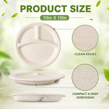 PUCACHI 3 Compartment Paper Plates, 10 in 100 Pack Heavy Duty Disposable Sugarcane Bagasse Plates, Microwave Safe for BBQ, Picnic, Party and Catering