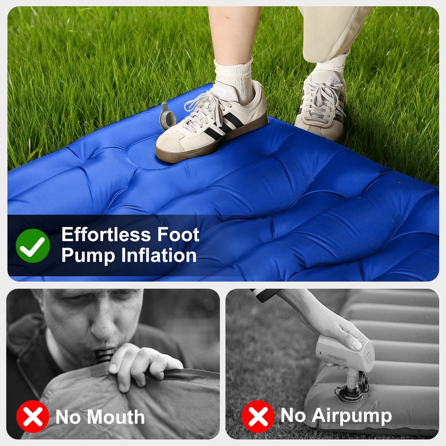Double Camping Sleeping Pad, 6" Extra-Thick Reinforced Camping Sleeping Pad with Pillows & Built-in Foot Pump, Ultralight Self Inflating Air Mattress Mat for Tent Hiking Essentials Gear