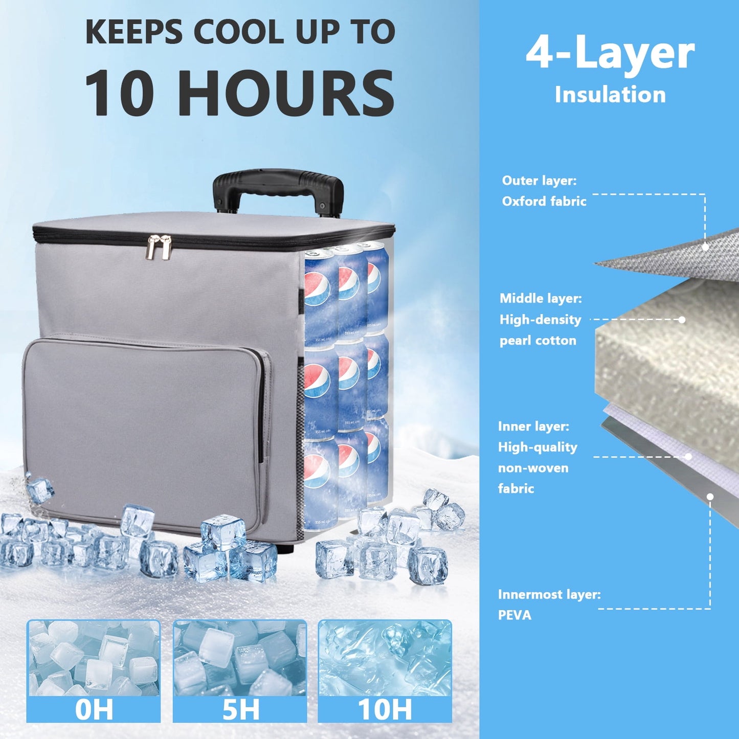 Merryhome Cooler with Wheels, 60-Can 40 Qt Rolling Cart Soft Cooler Bag, Foldable Leak-Proof Cold Retention Cooler for Camping, Beach, Grocery
