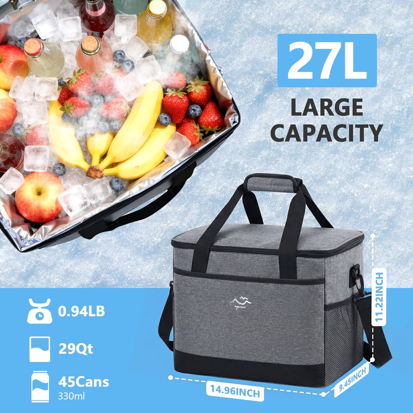 Merryhome 45 Can Soft Sided Cooler Bag, 29 Qt Insulated Leakproof Collapsible Cooler with Shoulder Strap for Beach, Camping, Picnic and Travel, Gray
