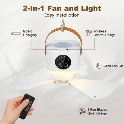 Merryhome Camping Fan with Light, 7200mAh Rechargeable Tent Fan with Remote, 4 Speeds, Timer and LED Lantern for Camping, Travel and Emergency, White