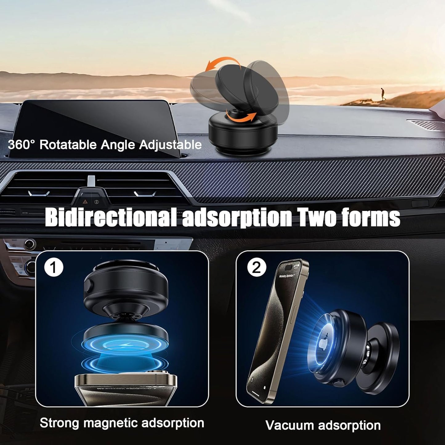 Car Phone Holder for Magsafe - 78 lbs Strongest Suction Cup, 2400gf Magnetic Car Mount, 360° Adjustable for iPhone 16/15/14/13/12 Pro Max Plus, Carbon Fiber Design（Black）