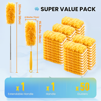 50 Pack Duster Refills with Extendable Handle, Disposable Microfiber Duster Refills, Heavy Duty Electrostatic Dust Cleaner for Furniture, Blinds, Ceiling Fan and Corners