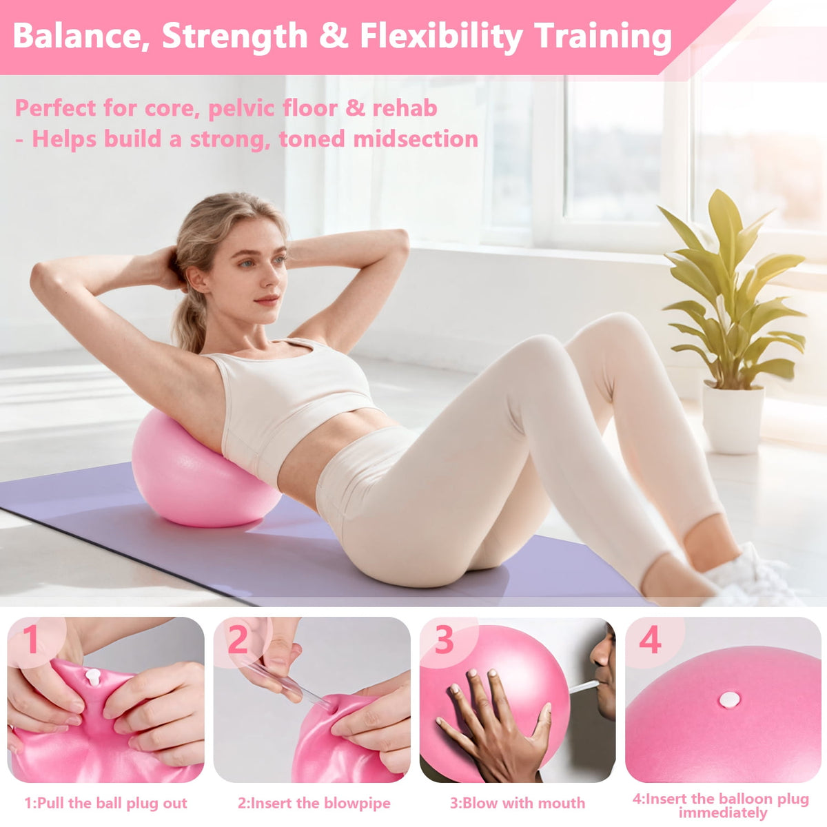 Merryhome 5‑in‑1 Pilates Ring Set – 15" Pilates Ring, 9.8" Mini Ball, 70" Stretch Strap, Resistance Band, NBR Material, Home Workout Kit for Women