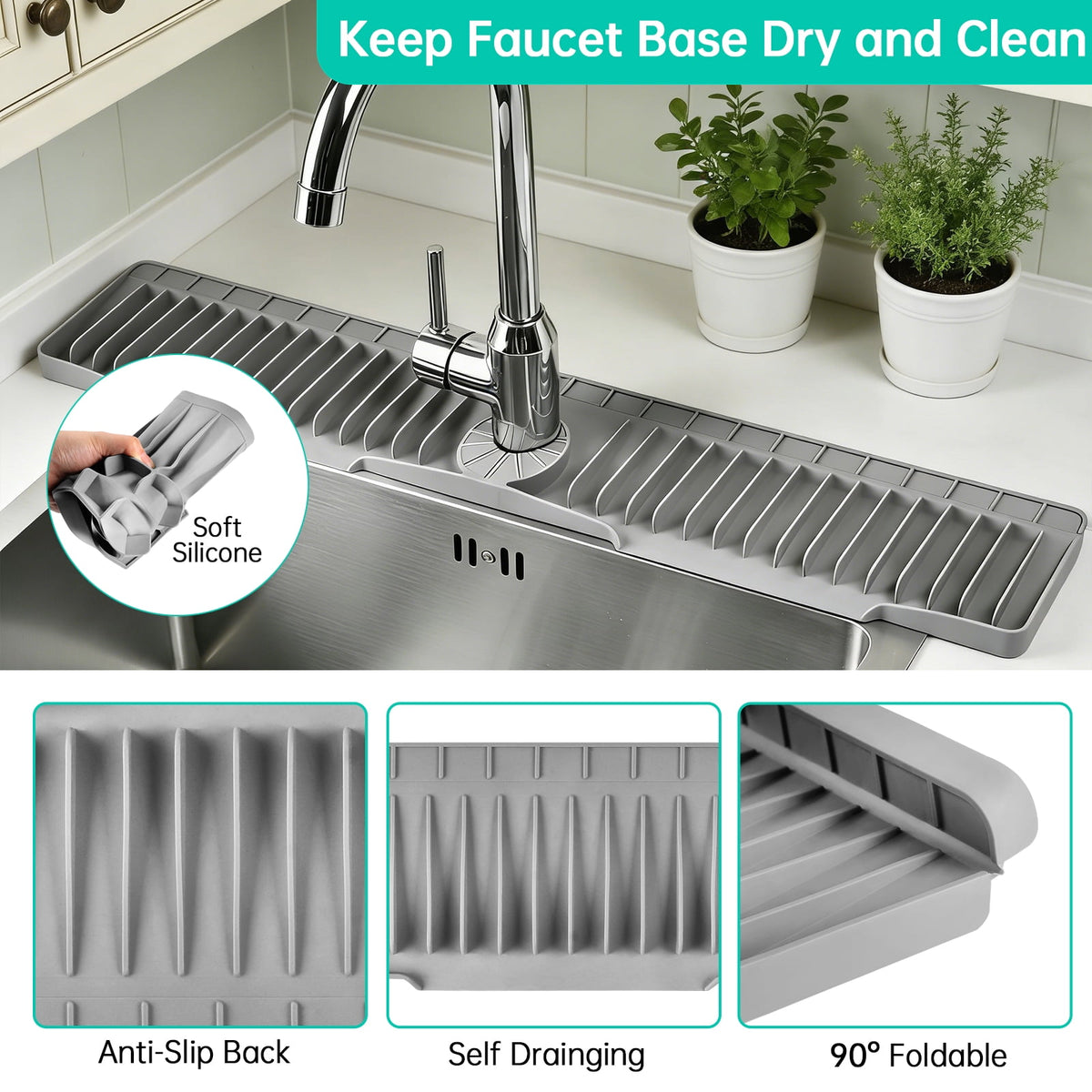 Merryhome 2-Pack Kitchen Sink Splash Guard, 31" and 23" Silicone Faucet Mat, Fast Draining Splash Guard for Kitchen, Bathroom, RV, Gray