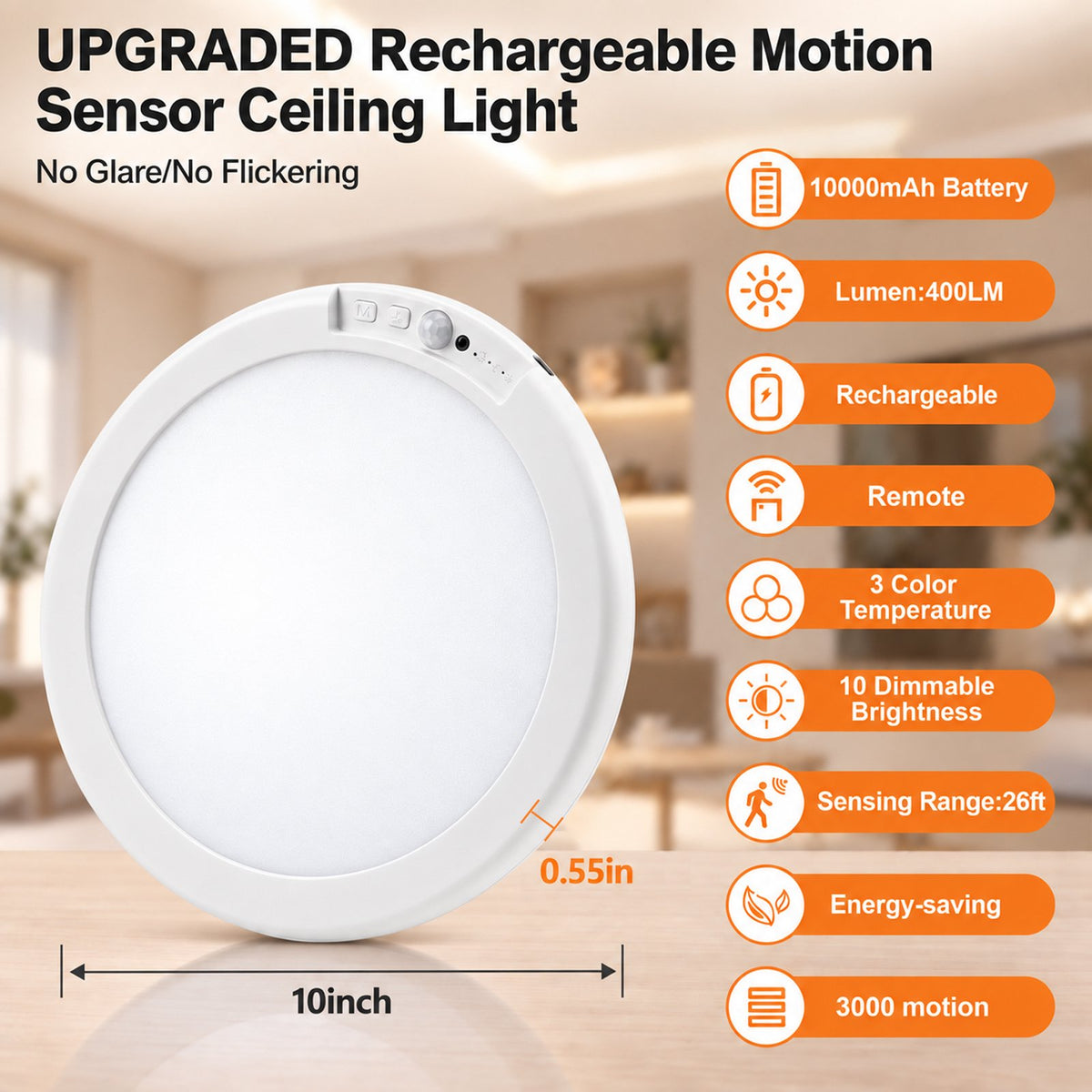 Henotian 10 inch Rechargeable Motion Sensor LED Ceiling Light, 10000mAh Battery Operated, Remote Control, Magnetic Mount for Closet, Pantry, Hallway