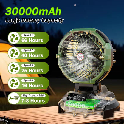 Portable Misting Fan - 30000mAh Battery Powered, 4-Speed Cooling Fan with Adjustable Spray, 120° Oscillation for Camping, Patio, Adjustable Base for 10-13in Water Tank(No Bucket Included)