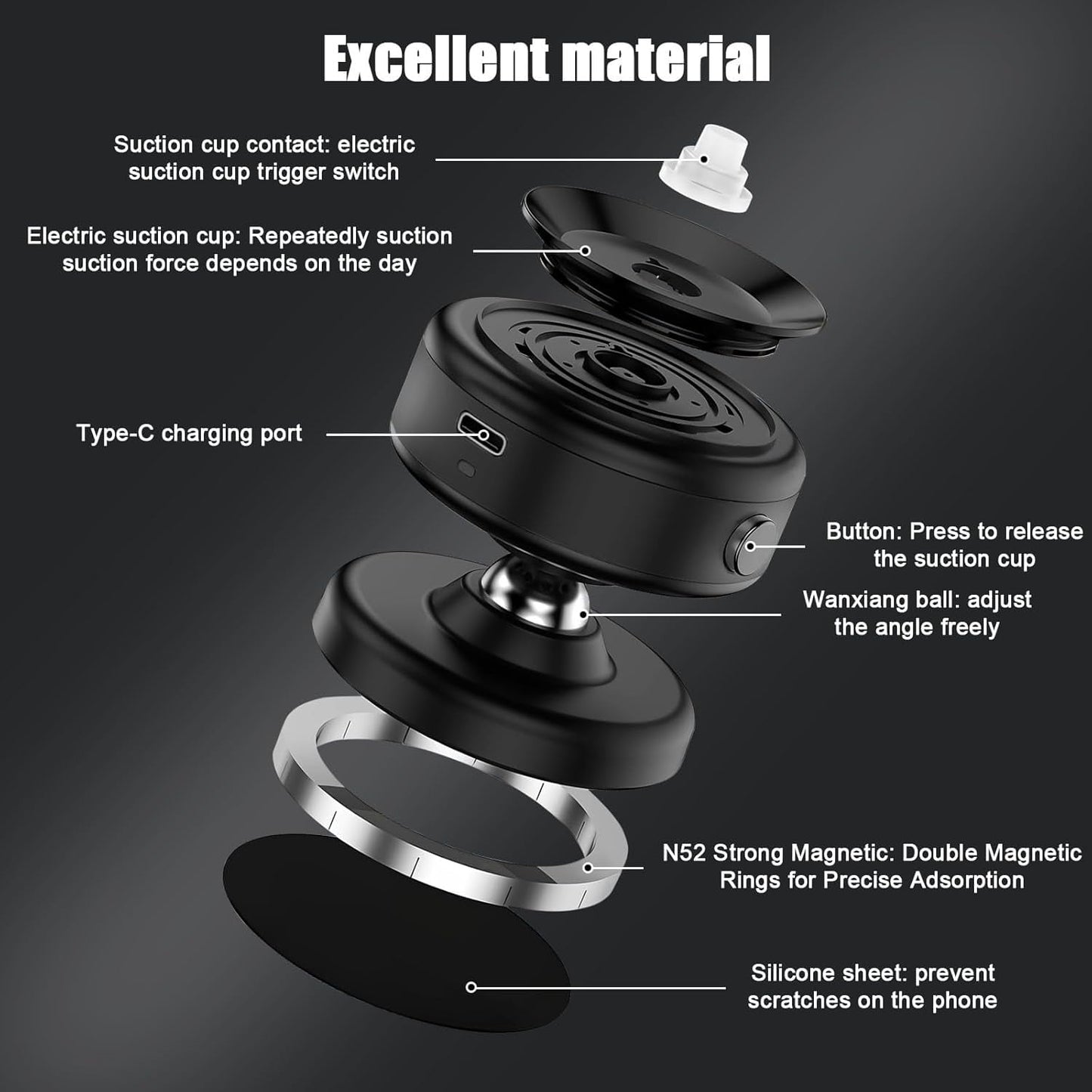 Car Phone Holder for Magsafe - 78 lbs Strongest Suction Cup, 2400gf Magnetic Car Mount, 360° Adjustable for iPhone 16/15/14/13/12 Pro Max Plus, Carbon Fiber Design（Black）