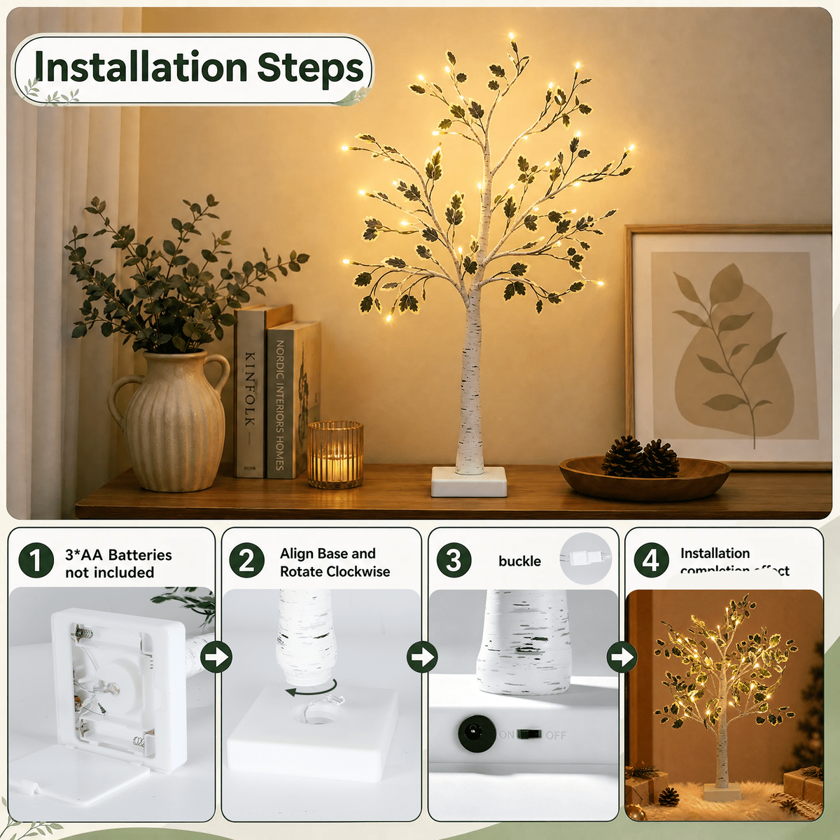 PUCACHI 2FT Birch Tree with LED Lights, Faux Tabletop Christmas Decor with 24 Warm White LEDs, Timer USB or Battery Powered, Bendable Branches for Indoor Tabletop Christmas Decor