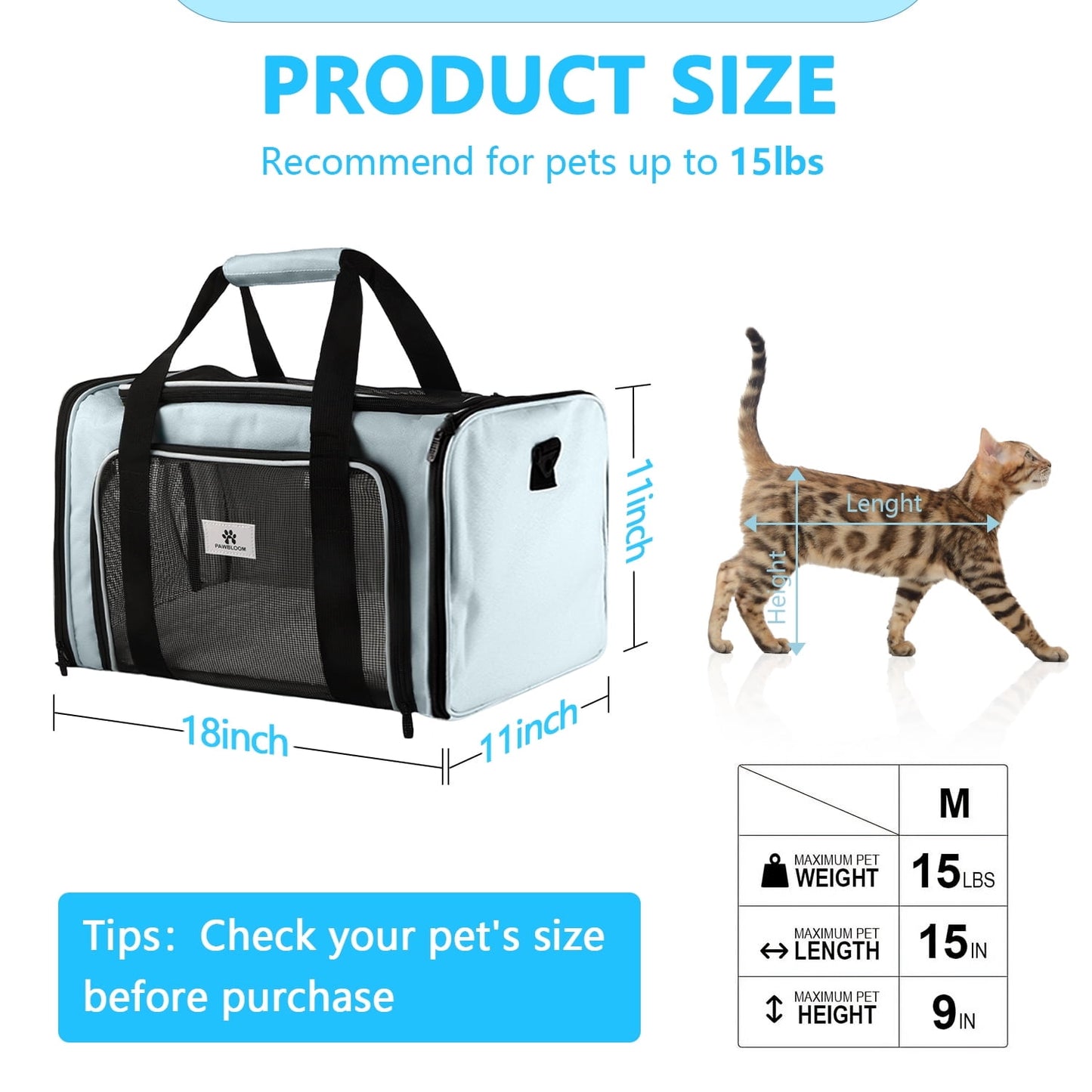 Merryhome 18 in Cat Carrier for Small Cats & Dogs up to 15 lbs – Airline Approved Foldable Soft-Sided Pet Travel Bag, Waterproof, Blue