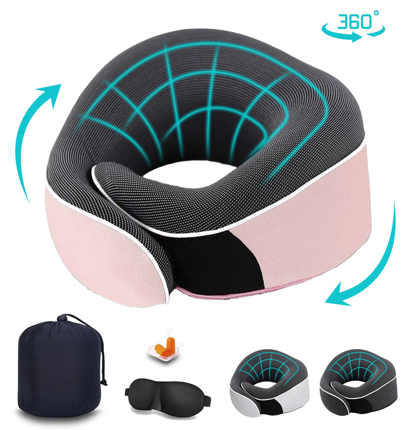 Merryhome Travel Pillow, Memory Foam Travel Neck Pillow, Adjustable 360° Ergonomic Support Function for Travel with Pillow, Mask, Earplugs, Storage Bag