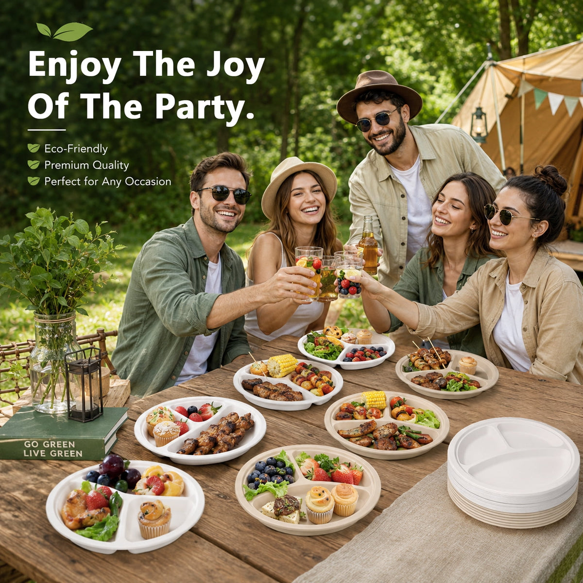 PUCACHI 3 Compartment Paper Plates, 10 in 100 Pack Heavy Duty Disposable Sugarcane Bagasse Plates, Microwave Safe for BBQ, Picnic, Party and Catering