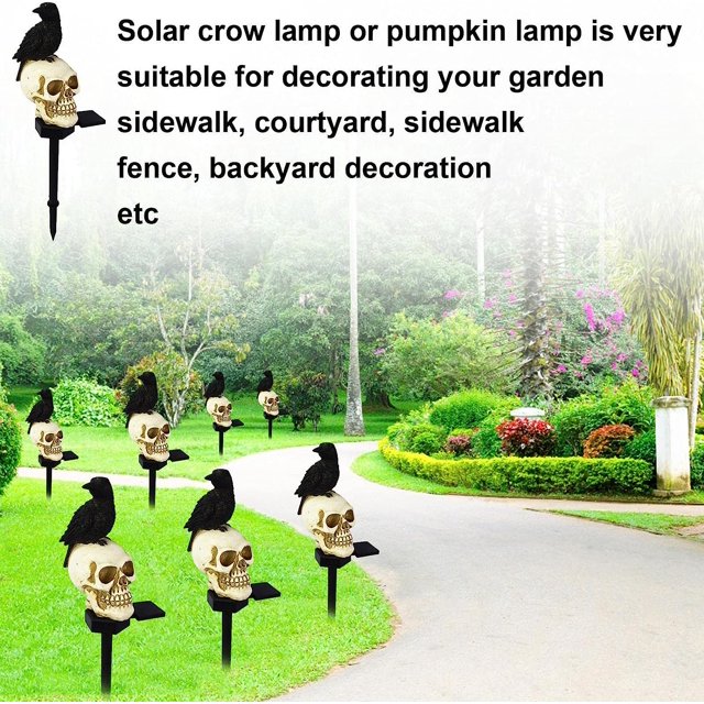 WHATOOK Halloween Skull Garden Solar Lights, Halloween Crow Solar Landscape Light, Decoration Path Lights, Decorations, Look Left