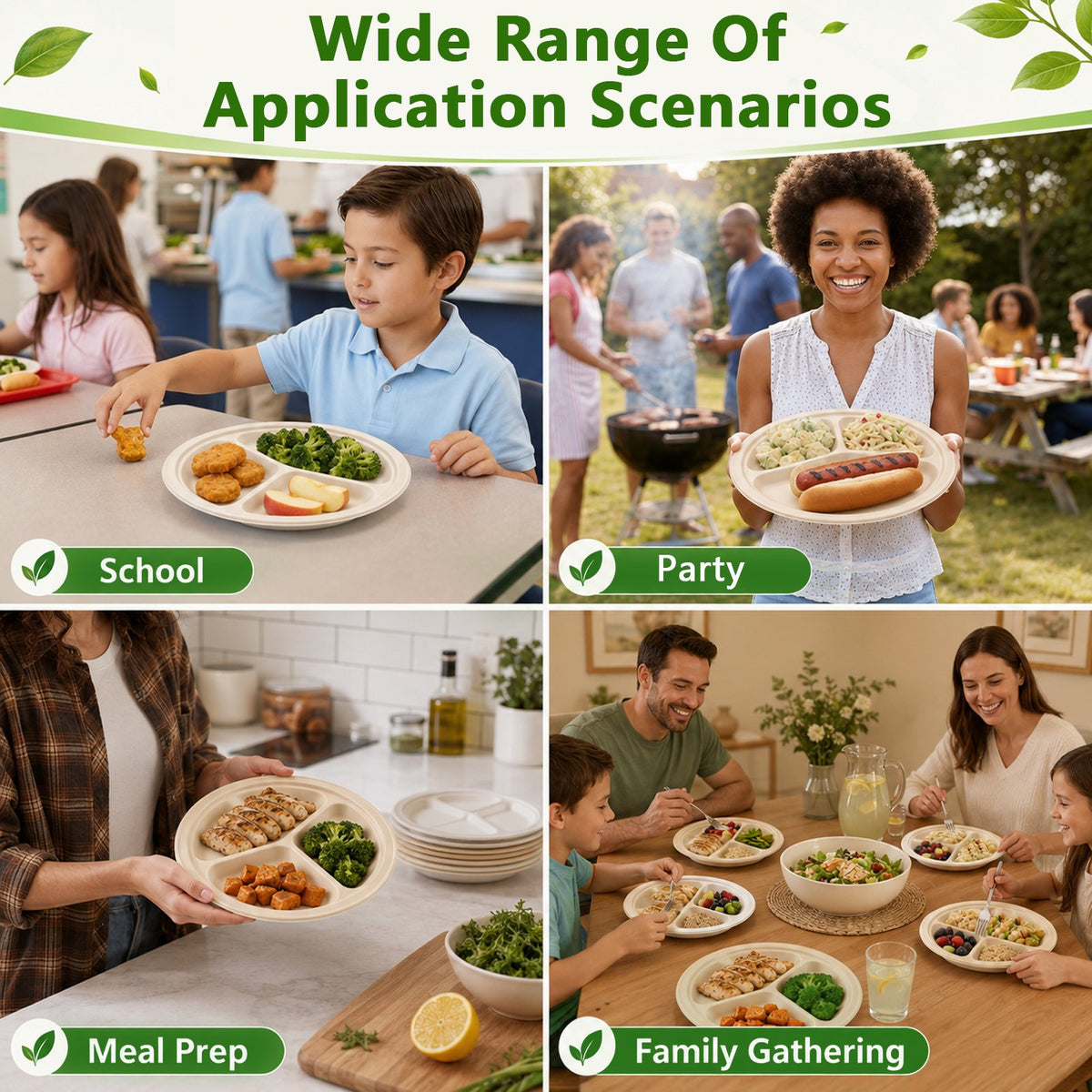 PUCACHI 3 Compartment Paper Plates, 10 in 100 Pack Heavy Duty Disposable Sugarcane Bagasse Plates, Microwave Safe for BBQ, Picnic, Party and Catering