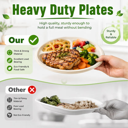 PUCACHI 3 Compartment Paper Plates, 10 in 100 Pack Heavy Duty Disposable Sugarcane Bagasse Plates, Microwave Safe for BBQ, Picnic, Party and Catering