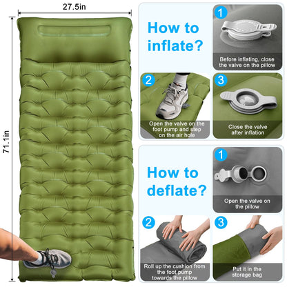 Sleeping Pad for Camping,6" Thick Inflatable Air Mattress with Built-in Foot Pump Pillow, Ultralight Self-Inflating Mat for Tent & Hiking
