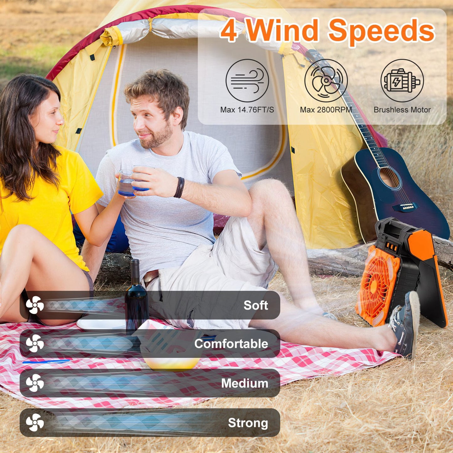 10400mAh Solar Camping Fan with Light,Camping Fan with Solar Panel,3 Timer Settings & 4 Speeds USB Rechargeable Solar Powered Fan for Camping Fishing Travel Hurricane Power Outage（Orange）