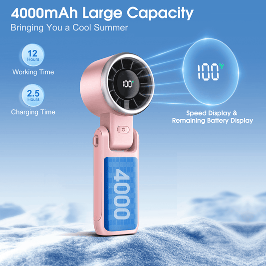 Kidsjoy Portable Handheld Fan, 4000mAh Adjustable Mini Fan, 5 Speed Bladeless Fan, 3 in 1 Hand Fan with Air Turbo Tech Cooling Fan for Outdoor Activities, Travel, Working (Pink)