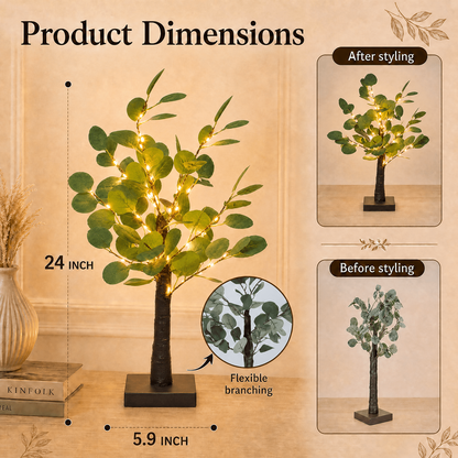 PUCACHI 2FT Lighted Faux Eucalyptus Tree, 35 Warm White LED Lights, Flexible Branches, 4H/6H/8H Timer, USB or Battery Powered for Tabletop Home Decor