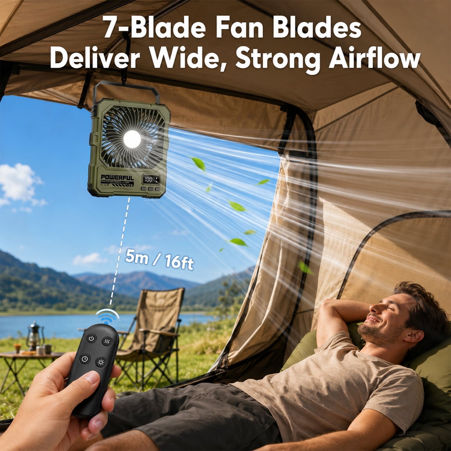 Portable Fan, Camping Fan, 20000mAh 18-85H Rechargeable Ultra Thin Foldable with Built-in Power Bank, Hook for Outdoor Camping Tent RV Travel (Green)