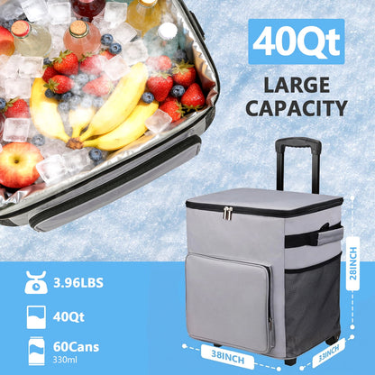 Merryhome Cooler with Wheels, 60-Can 40 Qt Rolling Cart Soft Cooler Bag, Foldable Leak-Proof Cold Retention Cooler for Camping, Beach, Grocery