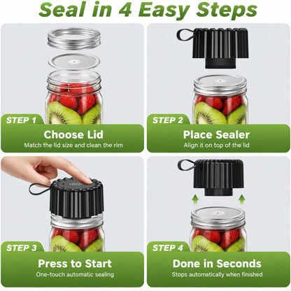 Electric Mason Jar Vacuum Sealer Kit, 1800mAh Rechargeable Mason Jar Sealer for Wide & Regular Mouth, 1-Button Food Saver Vacuum Sealer with 20 Lids & Bags